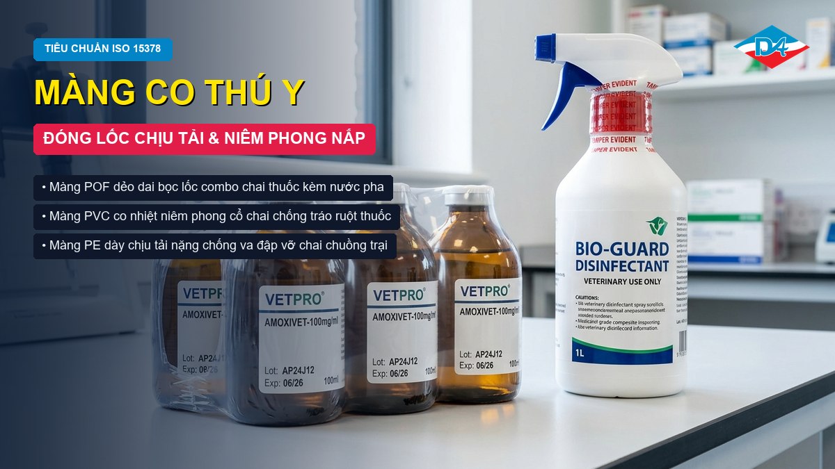 Sản xuất màng co thú y bọc block chai lọ và niêm phong nắp chống hàng giả