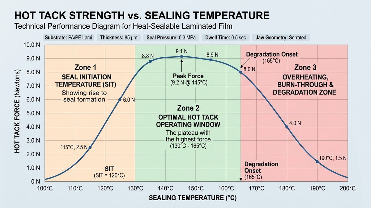 Biểu đồ đường cong Hot Tack theo nhiệt độ và cửa sổ nhiệt độ vận hành Hot Tack Operating Window