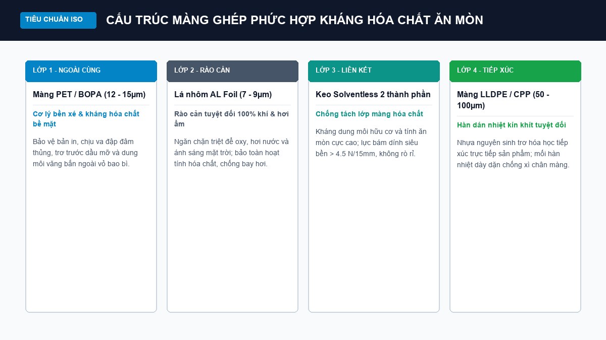 Sơ đồ cấu trúc màng ghép phức hợp 4 lớp chuyên dụng cho bao bì hoá chất
