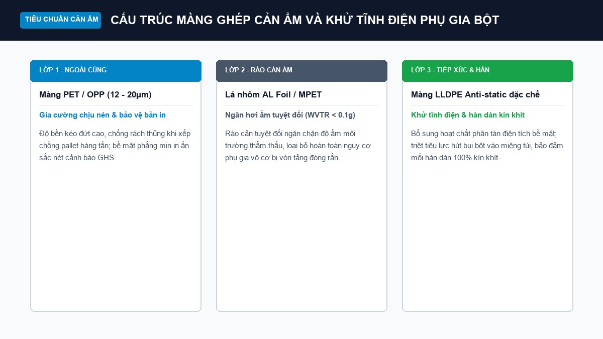 Sơ đồ cấu trúc màng ghép cản ẩm MPET và lớp PE khử tĩnh điện cho phụ gia hoá chất bột