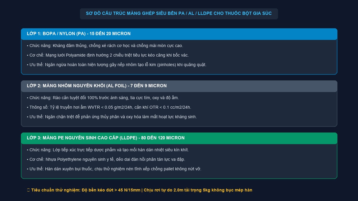 Sơ đồ cấu trúc màng ghép 3 lớp PA AL LLDPE bao bì thuốc bột gia súc