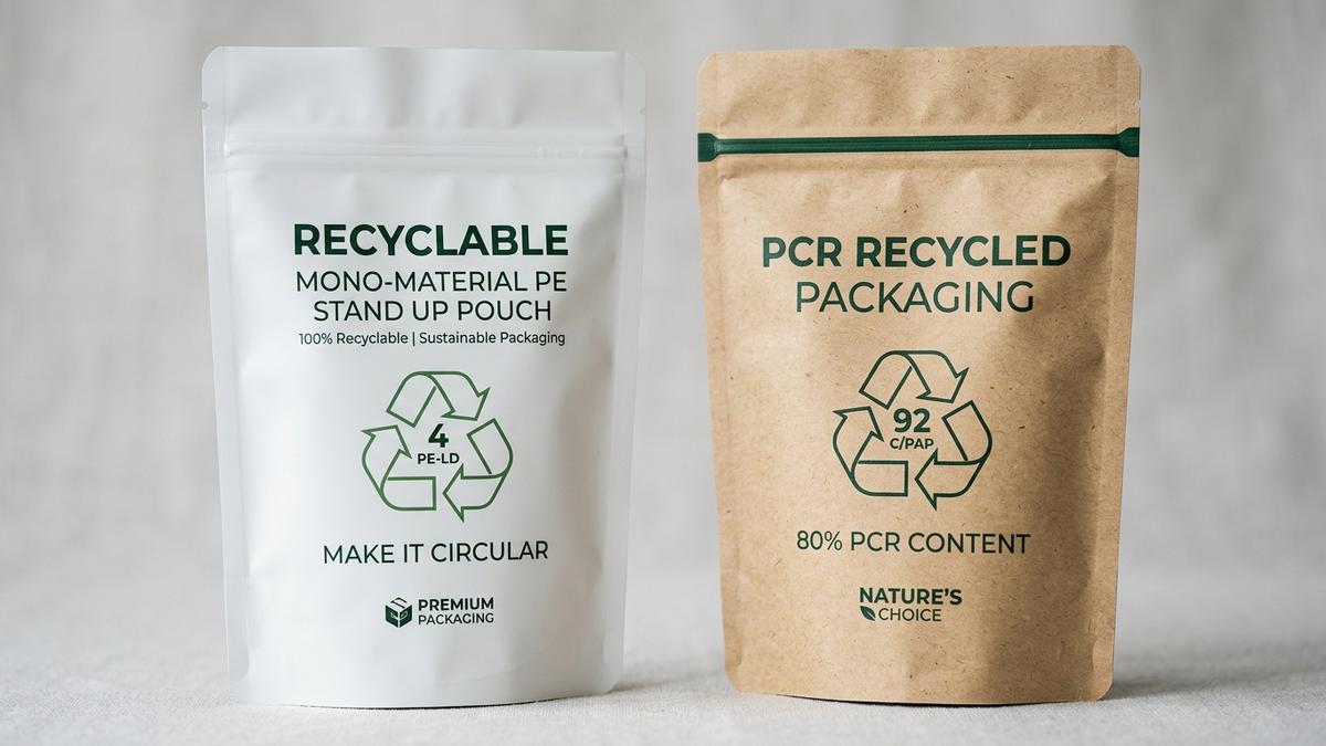 Túi đứng zipper làm từ màng đơn Mono-PE và nhựa tái chế PCR có logo tái chế Recycle code 4