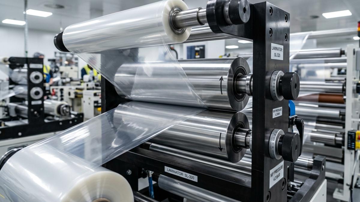 Cận cảnh trục ghép màng không dung môi Solventless Lamination trong suốt phẳng mịn