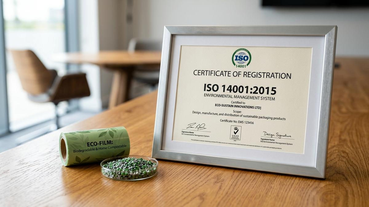Khung chứng nhận ISO 14001:2015 chính thức bên cạnh cuộn màng sinh học và hạt nhựa tái sinh