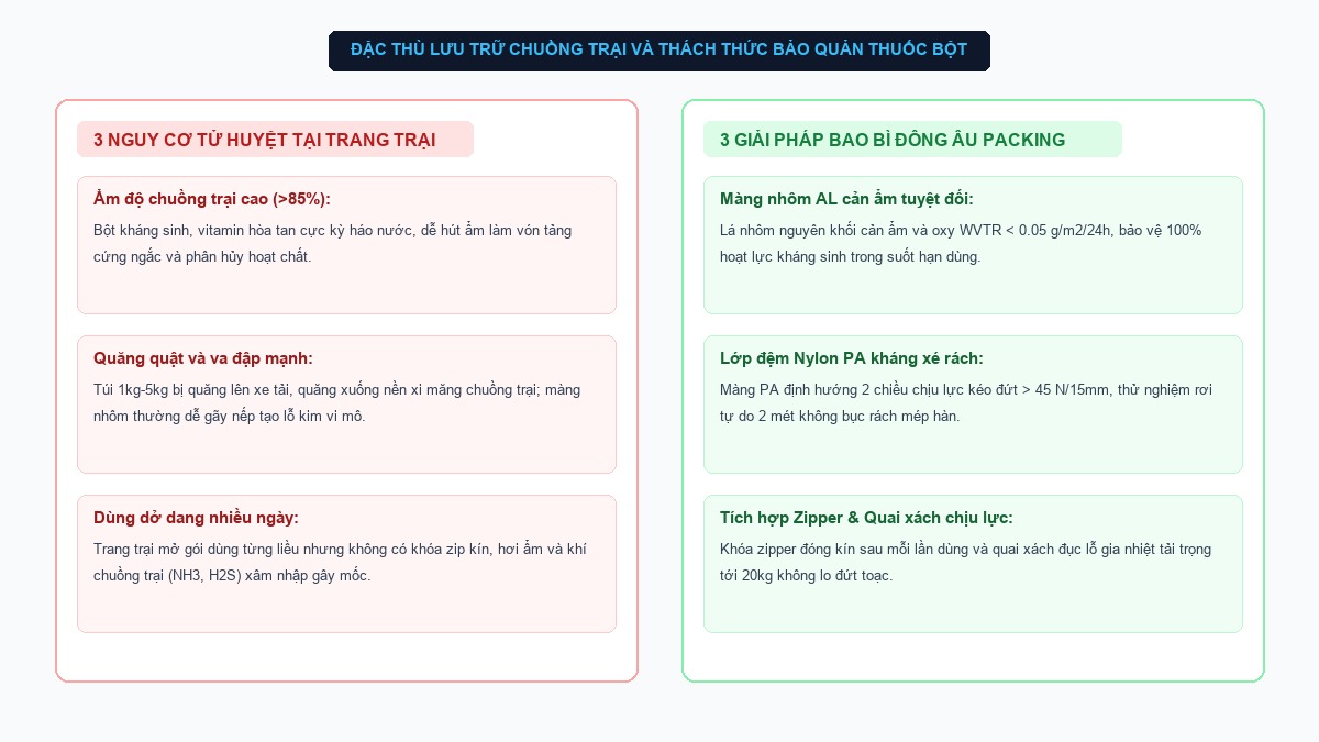Đặc thù lưu trữ chuồng trại và rủi ro ẩm độ với thuốc bột gia súc