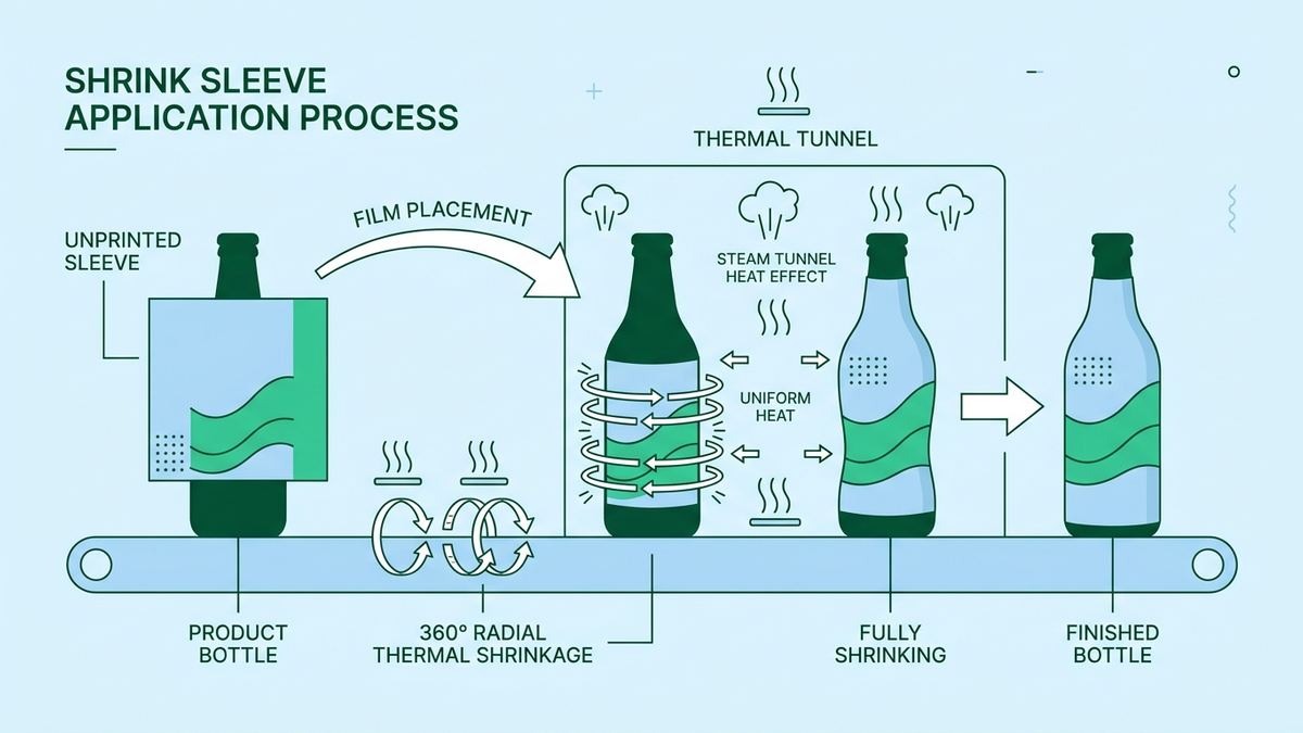 Đồ họa phẳng minh họa quy trình lồng màng co nhãn thân chai và co rút nhiệt 360 độ qua buồng hơi nước