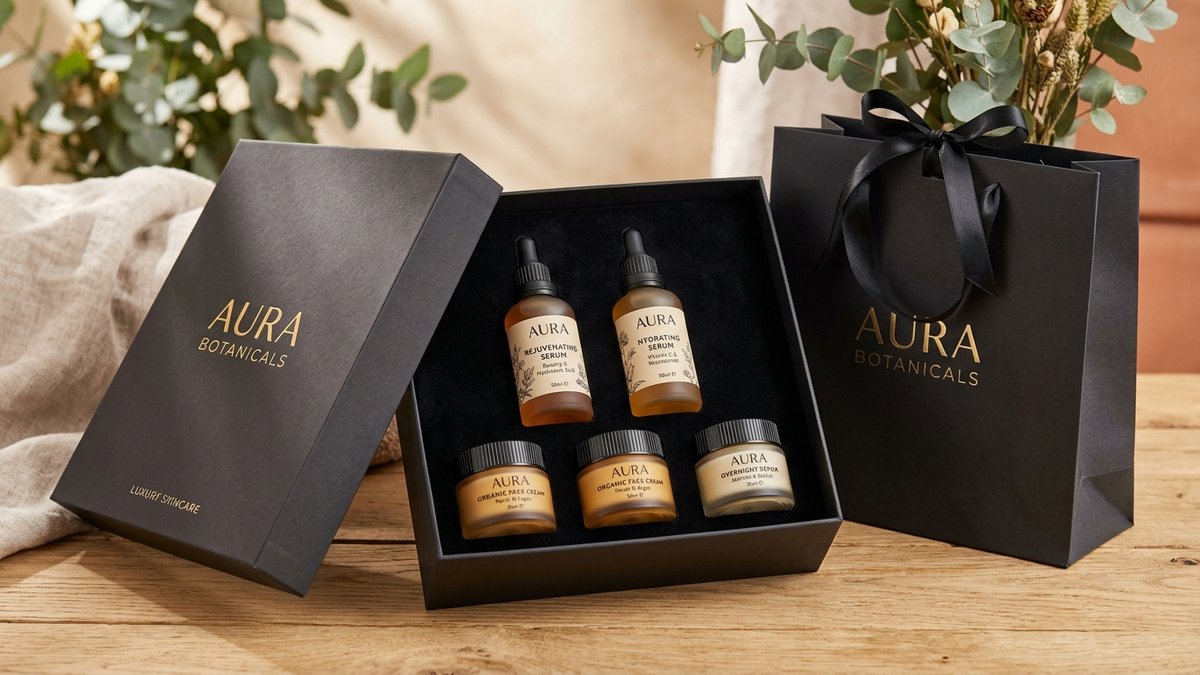 Hộp cứng set quà tặng mỹ phẩm cao cấp nắp nam châm lót khay nhung đen kèm túi giấy đồng bộ