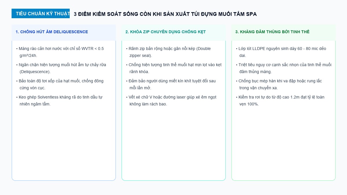 3 tiêu chuẩn kỹ thuật gia công túi muối tắm spa chống hút ẩm và chống rách mép hàn