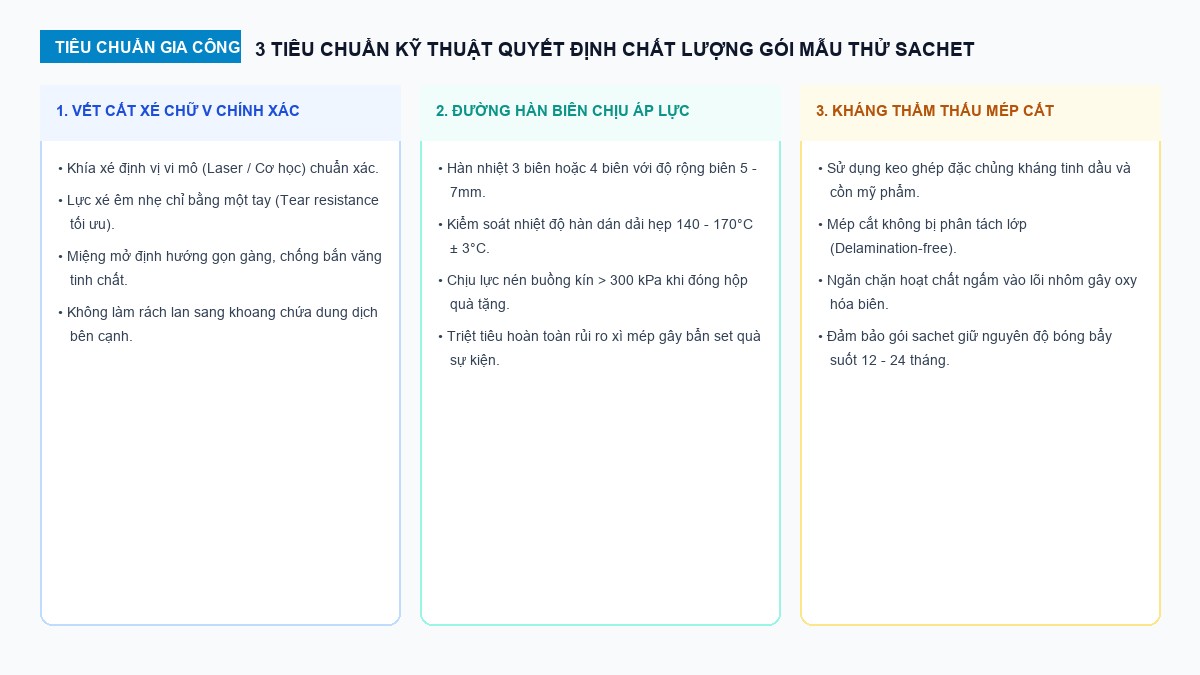 3 tiêu chuẩn kỹ thuật gia công gói sachet mẫu thử mỹ phẩm