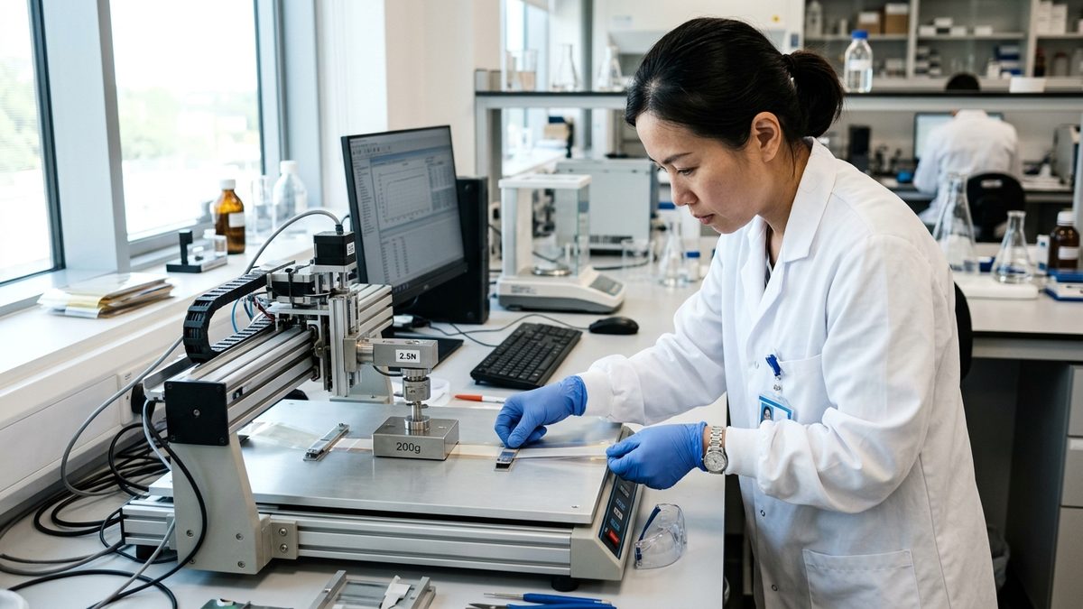 Kỹ thuật viên kiểm tra chỉ số COF tĩnh và động trên máy kéo nén tại phòng lab Đông Âu Packing