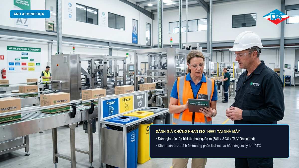 Đánh giá viên độc lập kiểm tra quy trình phân loại rác thải tại phân xưởng sản xuất bao bì