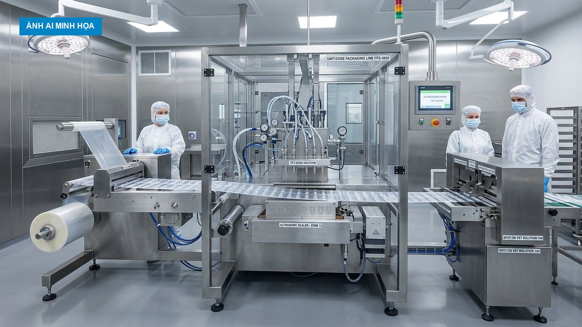 Máy chiết rót hàn dán ống bẻ thuốc thú y tự động