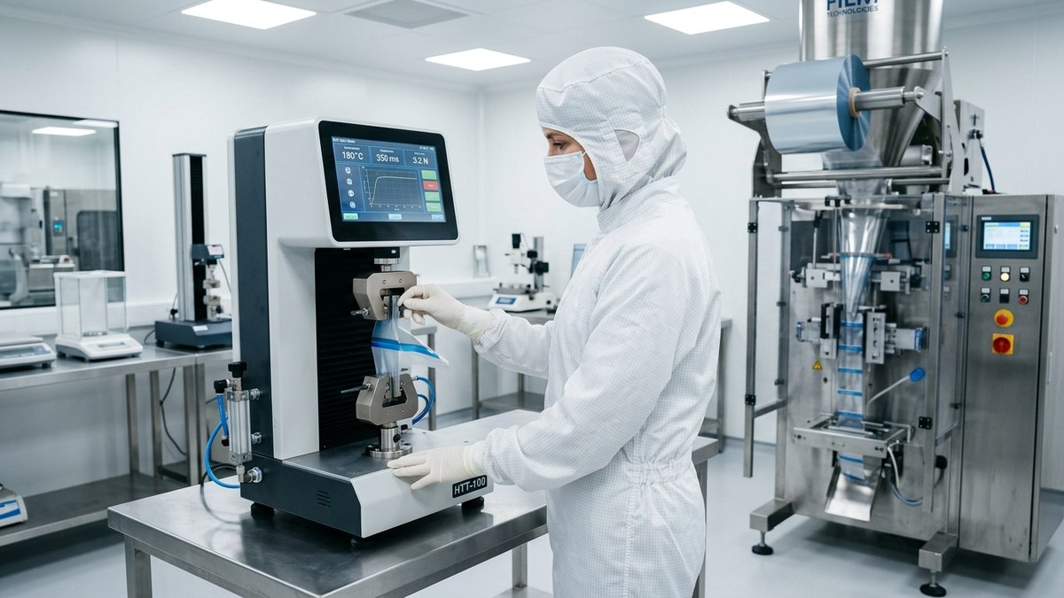 Kỹ thuật viên phòng lab kiểm tra mẫu màng trên máy đo Hot Tack Tester tự động bên cạnh máy đóng gói đứng VFFS