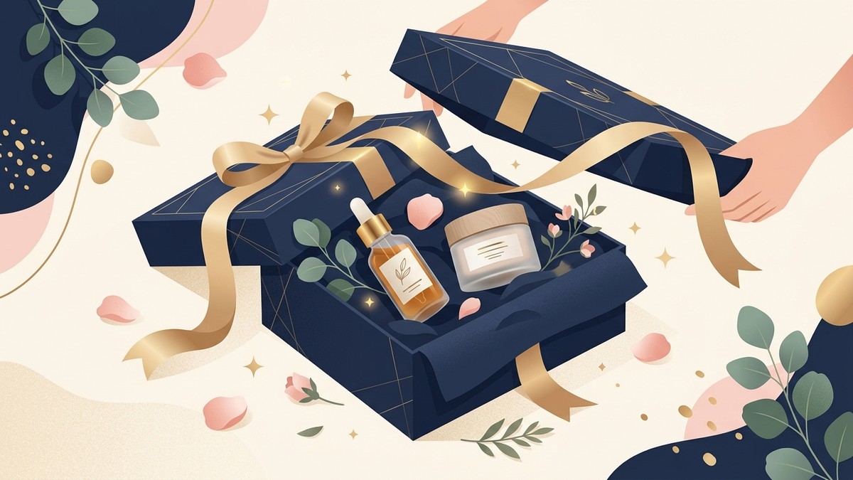 Minh họa trải nghiệm unboxing set quà tặng mỹ phẩm organic sang trọng với ruy băng vàng