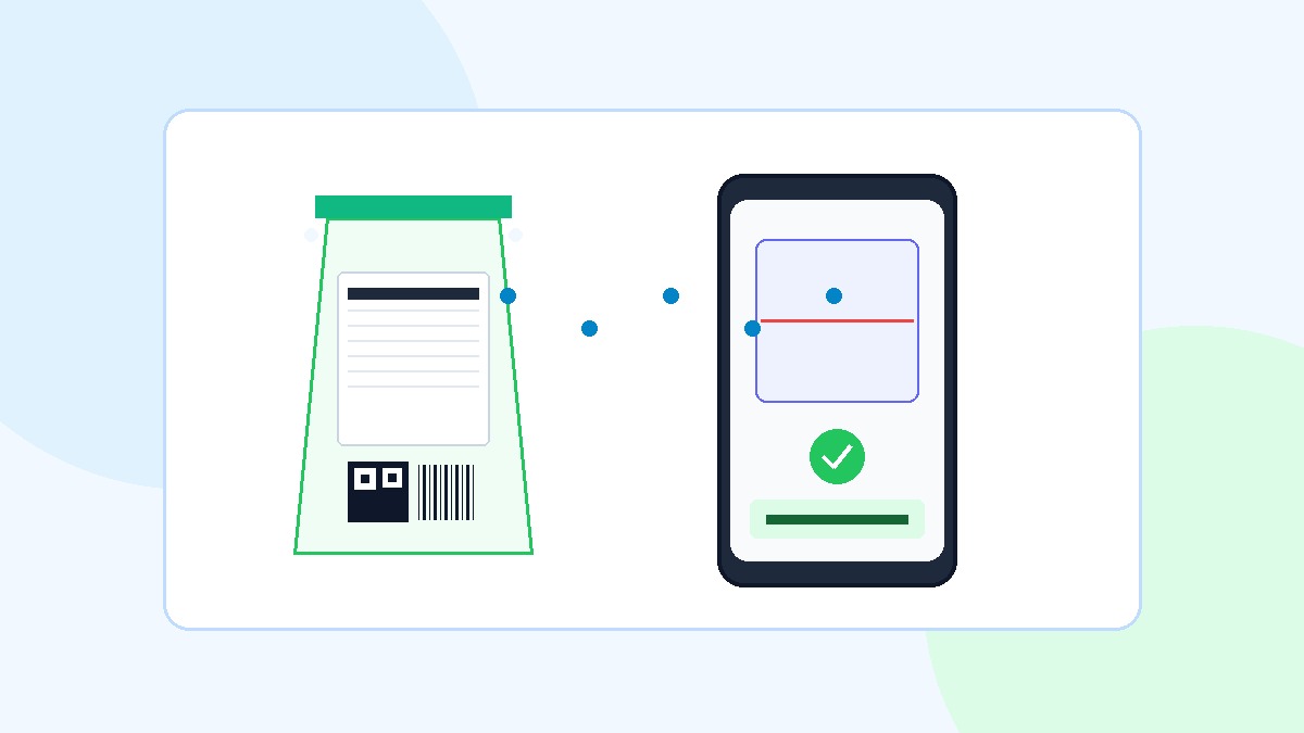 Đồ họa phẳng Flat 2D minh họa quét mã QR và barcode truy xuất nguồn gốc xuất xứ an toàn bao bì thực phẩm