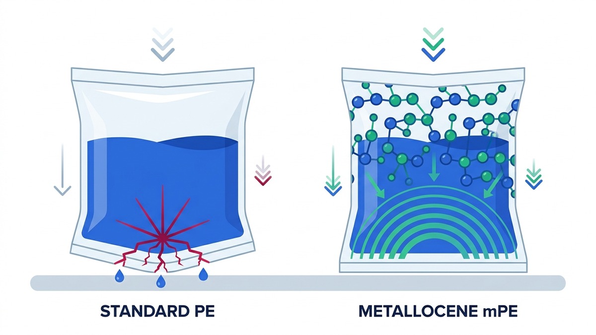 Đồ họa phẳng minh họa cơ chế hạt nhựa mPE metallocene phân tán ứng suất chống bục rách màng bao bì