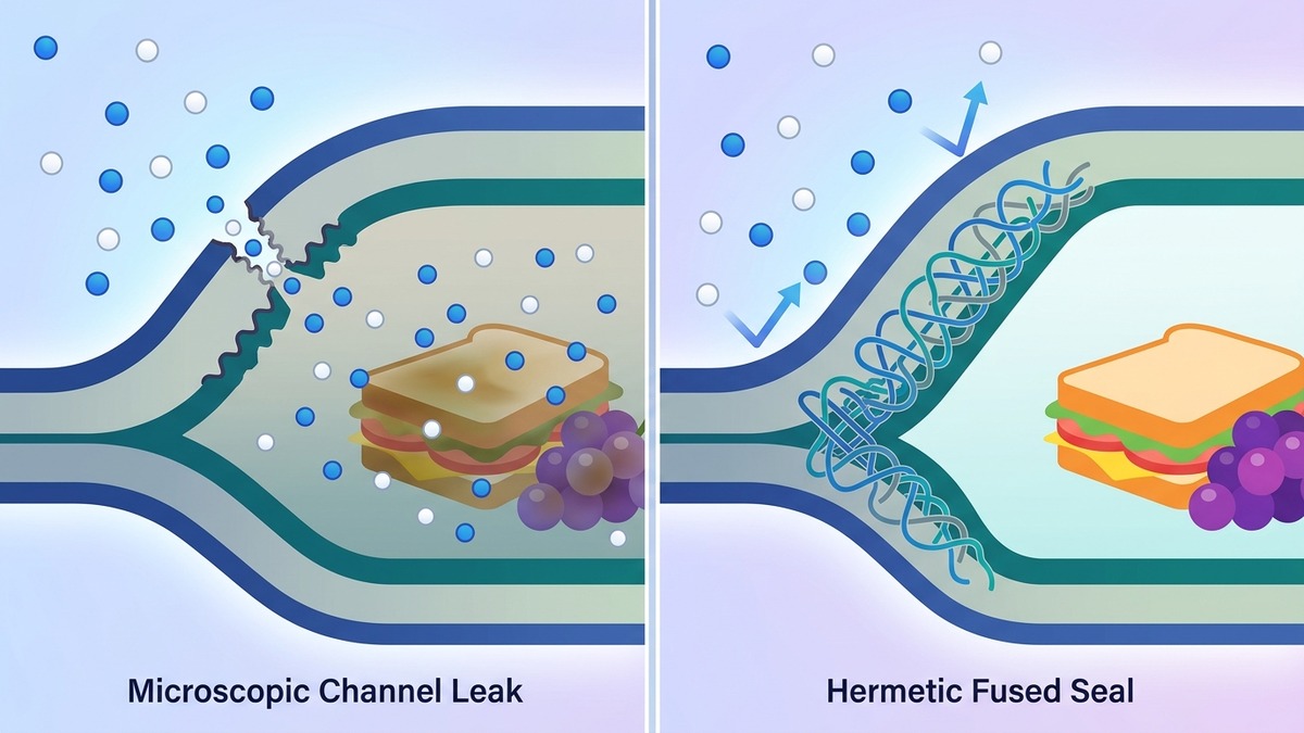 Đồ họa phẳng minh họa so sánh lỗ rò cơ học siêu vi channel leak dưới 10 micron và màng hàn dán kín khít tuyệt đối