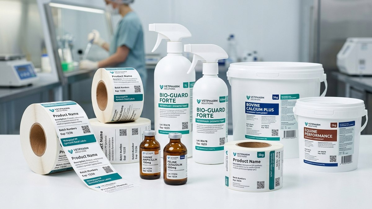 Quy cách tem nhãn cuộn decal dán chai lọ thuốc tiêm và xô thức ăn bổ sung thực tế