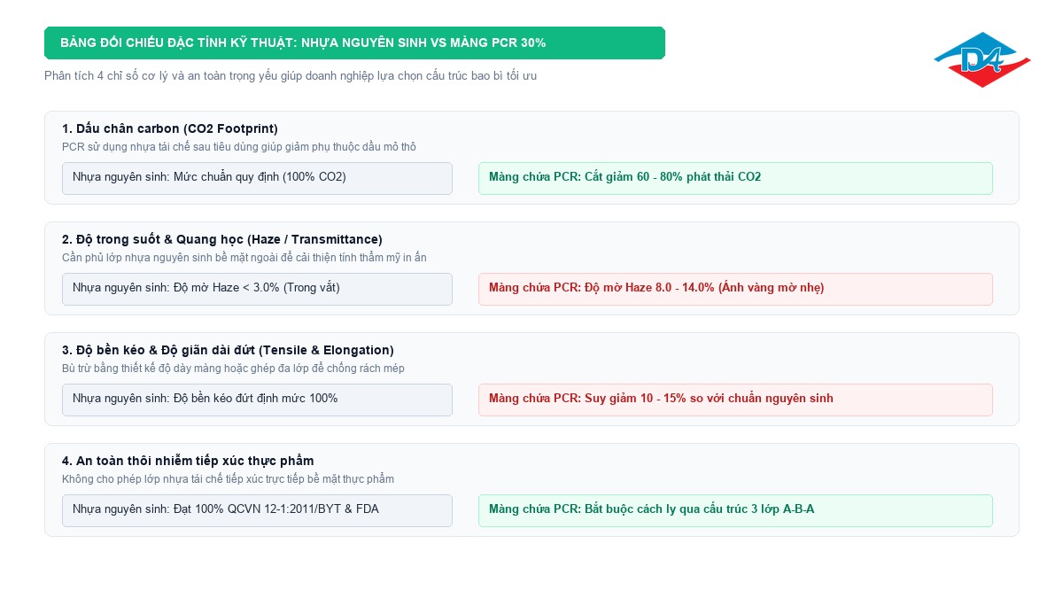 Bảng đối chiếu kỹ thuật độ bền kéo độ trong quang học và phát thải carbon giữa nhựa nguyên sinh và PCR