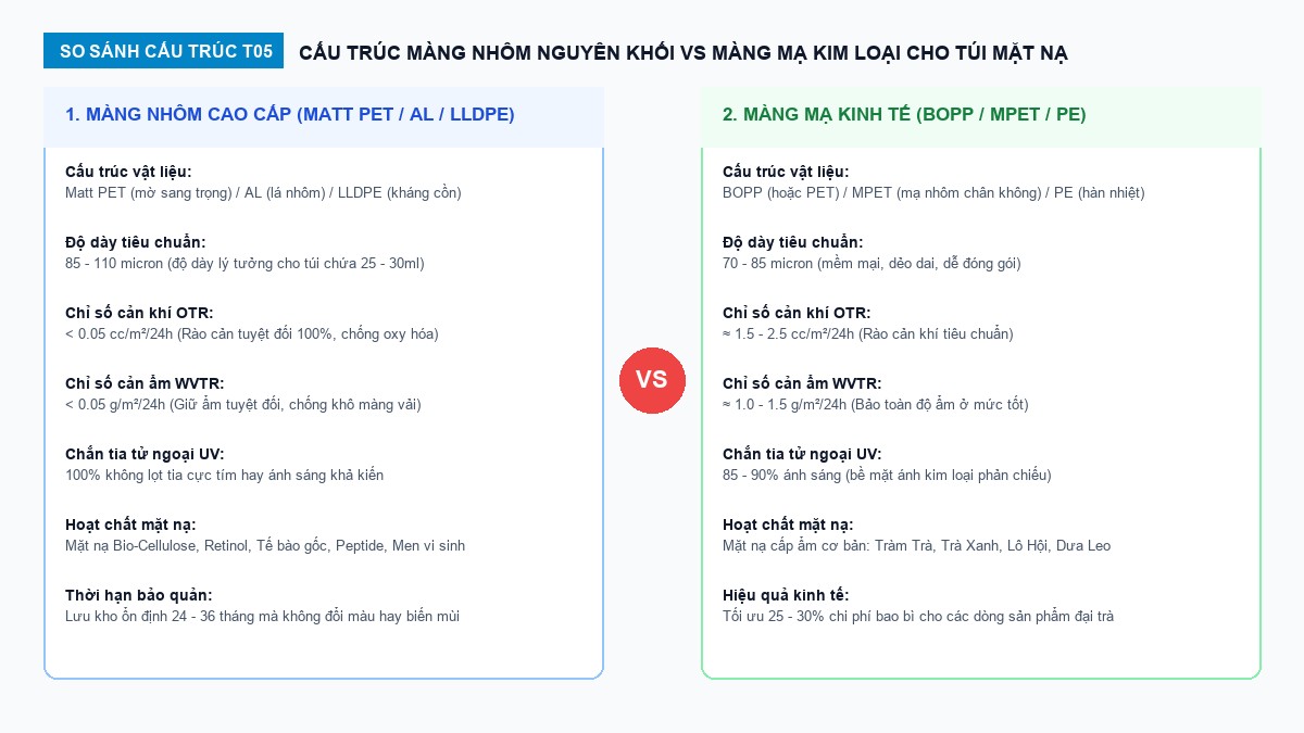 Sơ đồ so sánh cấu trúc màng Matt PET AL LLDPE và BOPP MPET PE cho túi mặt nạ