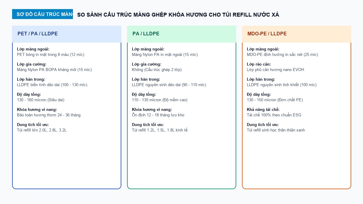 Sơ đồ so sánh cấu trúc màng PET PA PE và PA PE cho túi refill nước xả vải