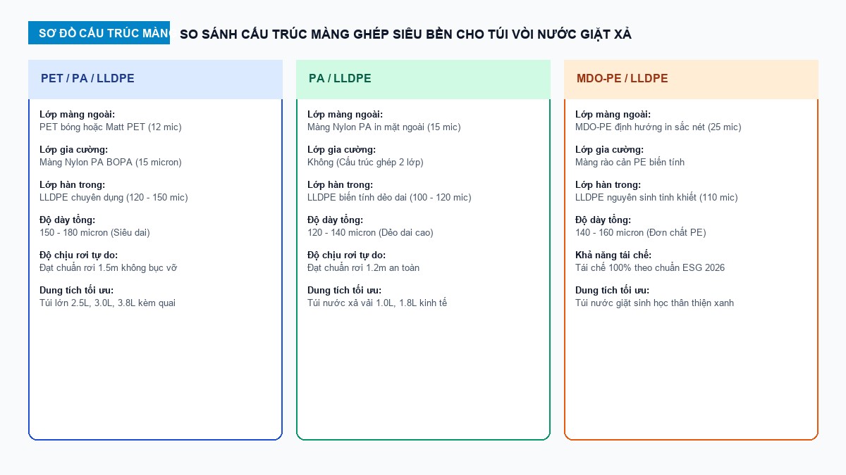 Sơ đồ so sánh cấu trúc màng PET PA PE và PA PE cho túi vòi đựng nước giặt