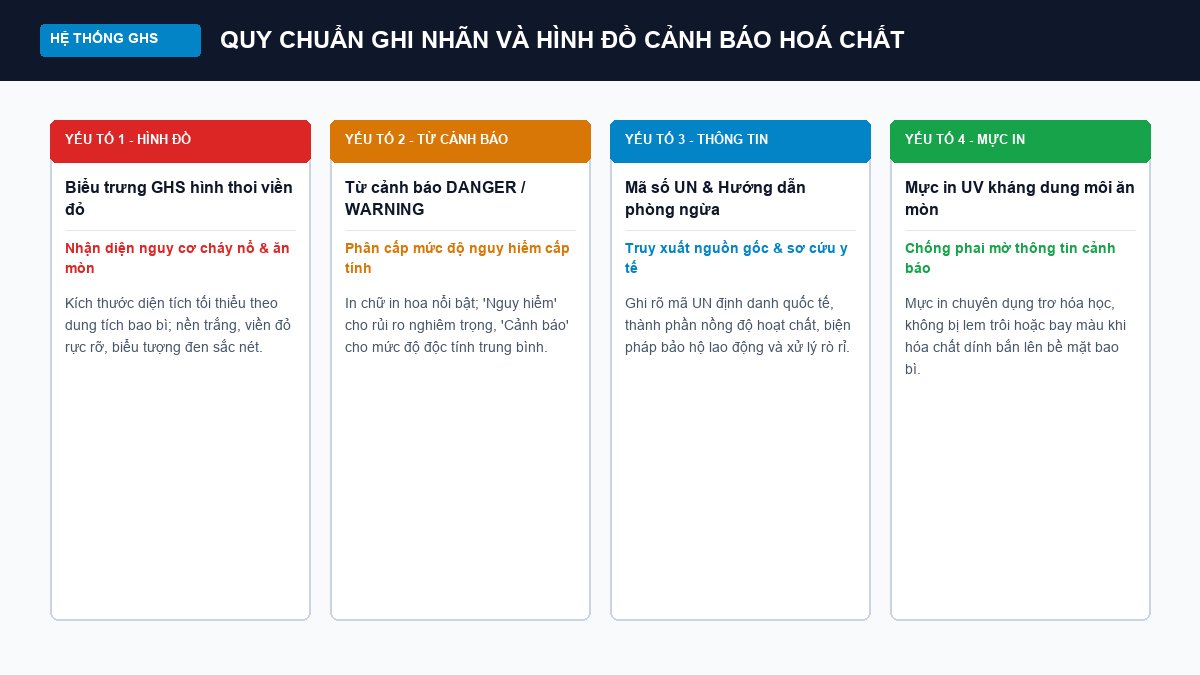Sơ đồ hệ thống hình đồ cảnh báo nguy hại GHS và từ cảnh báo trên bao bì hoá chất