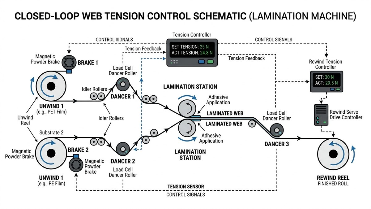 Sơ đồ hệ thống kiểm soát lực căng xả cuộn vòng kín Closed-loop Web Tension Control trên máy ghép màng