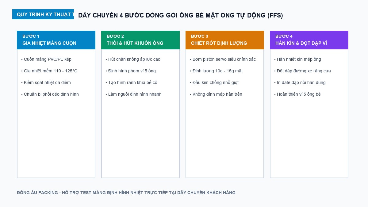 Sơ đồ quy trình 4 bước đóng gói FFS ống bẻ mật ong tự động