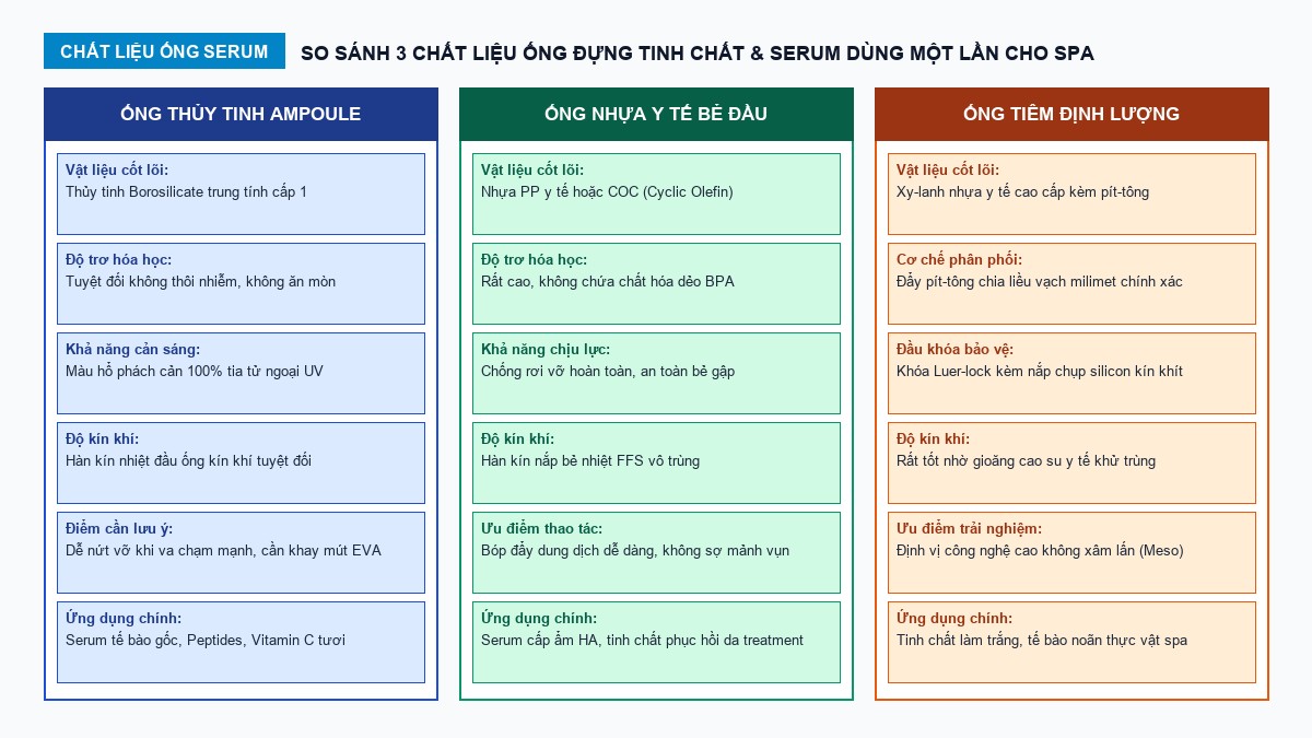 sơ đồ so sánh các chất liệu bao bì ống serum dùng 1 lần