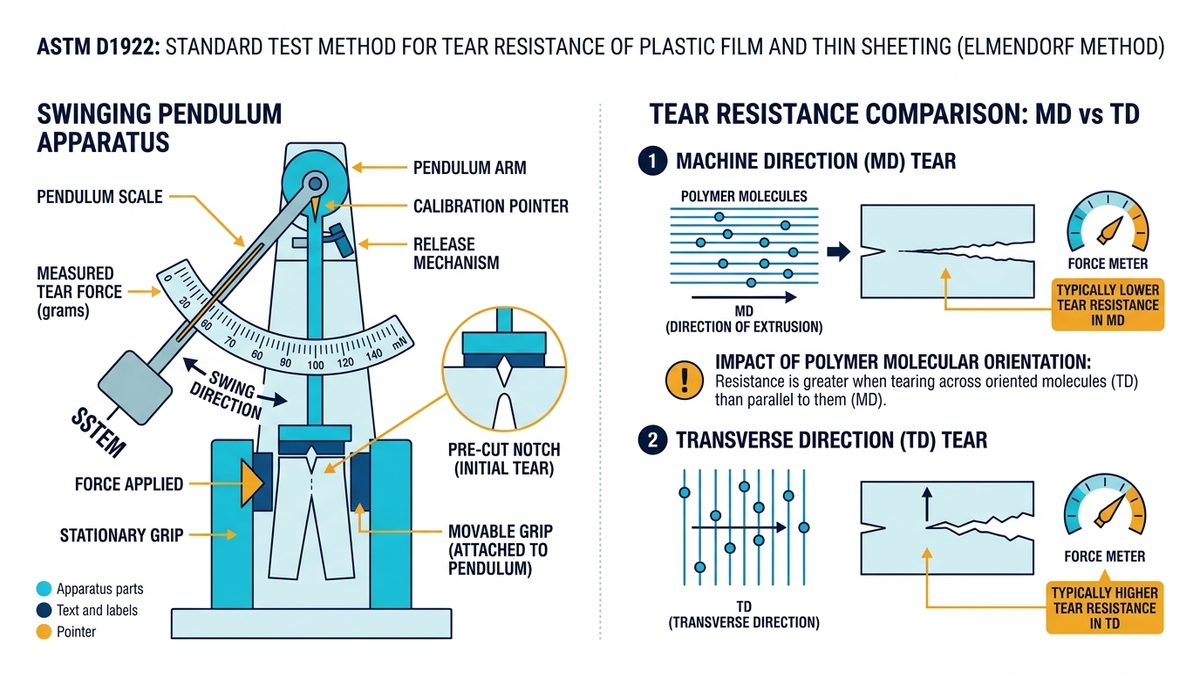 Sơ đồ thử nghiệm độ bền xé Elmendorf Tear đo lực xé theo phương dọc MD và phương ngang TD ASTM D1922