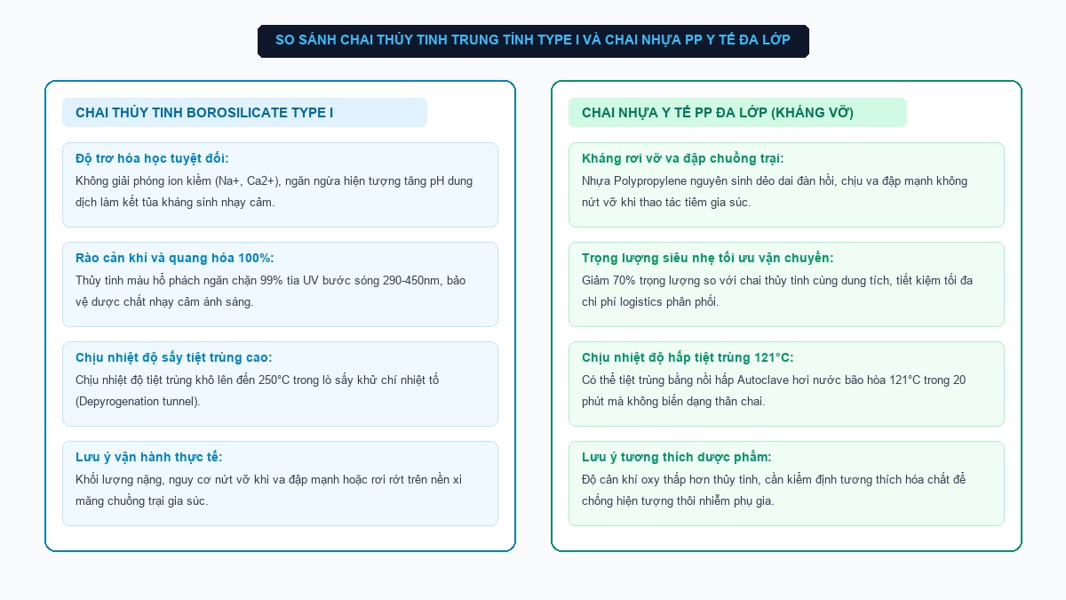 Bảng so sánh chai thủy tinh Type I và chai nhựa PP bao bì kháng sinh tiêm thú y