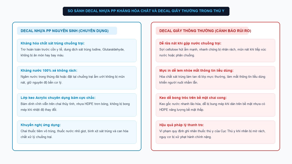 So sánh decal nhựa PP kháng hóa chất và decal giấy thường ngành thuốc thú y