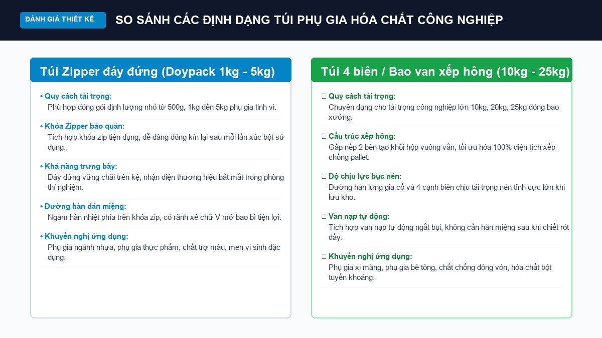 So sánh túi zipper đáy đứng và bao van xếp hông 4 biên cho phụ gia hoá chất công nghiệp