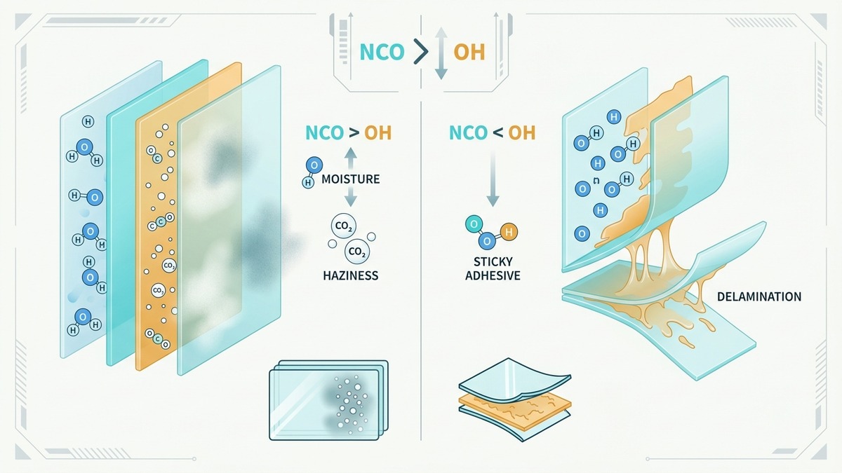 Đồ họa phẳng so sánh lỗi lệch tỷ lệ NCO OH sinh bọt khí CO2 và hiện tượng dính nhầy tách lớp màng bao bì