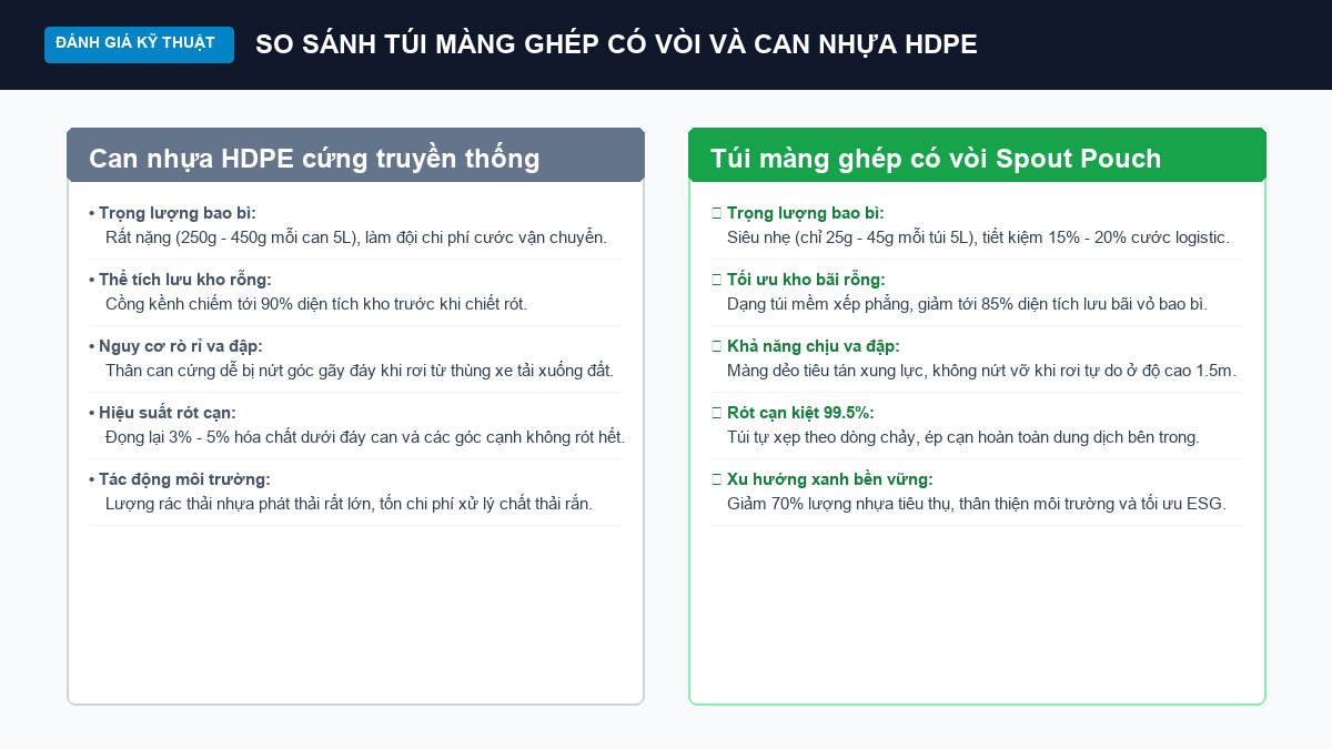 So sánh túi màng ghép có vòi spout pouch và can nhựa HDPE đựng hoá chất lỏng