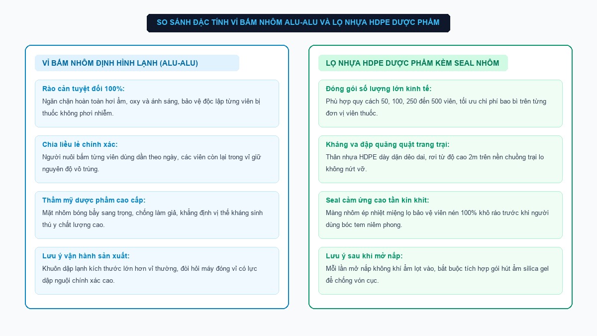 So sánh đặc tính vỉ bấm nhôm Alu Alu và lọ nhựa dược phẩm bao bì viên nén thú y