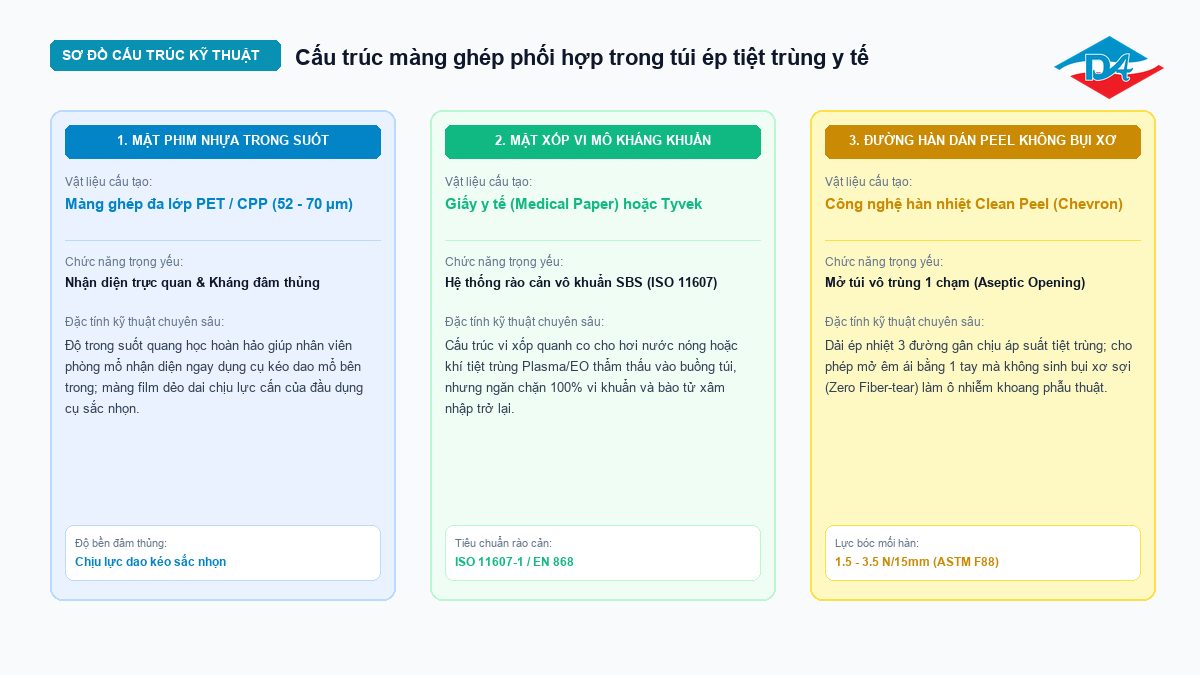 Sơ đồ cấu trúc màng ghép phối hợp trong màng bọc dụng cụ y tế tiệt trùng