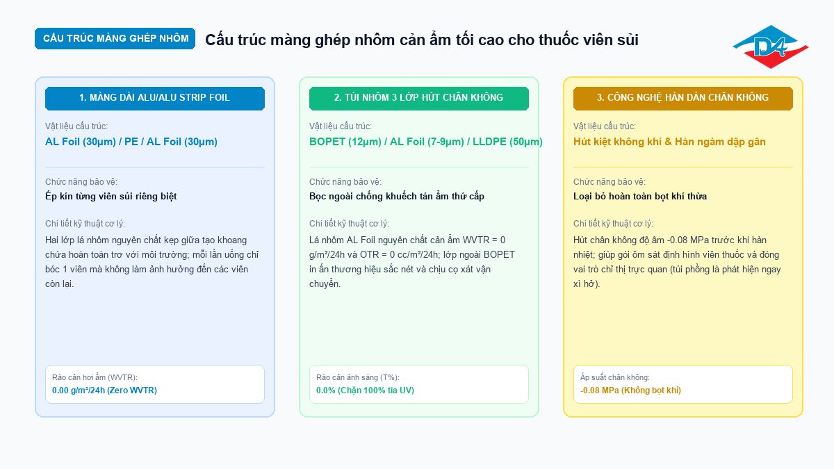 Sơ đồ kỹ thuật cấu trúc màng ghép nhôm cản ẩm tối cao cho thuốc viên sủi