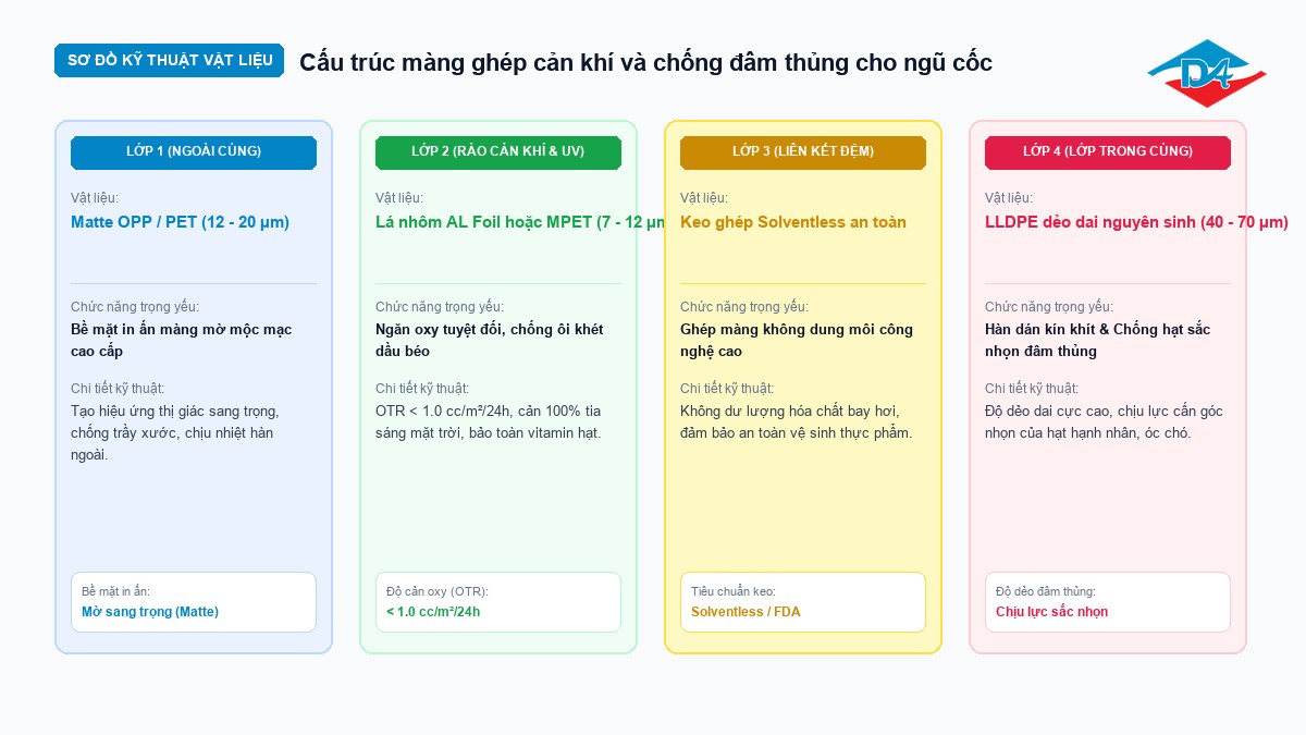 Sơ đồ kỹ thuật cấu trúc màng ghép cản khí và chống đâm thủng túi bọc ngoài ngũ cốc