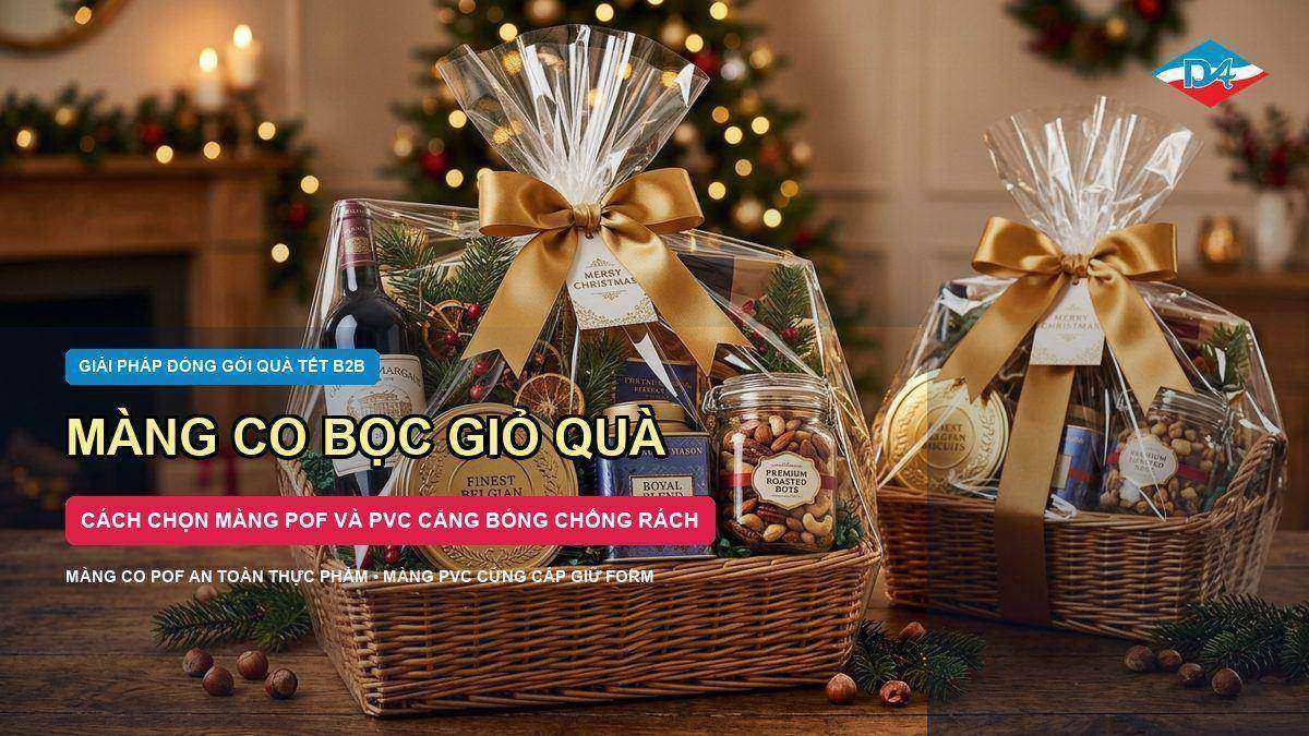 Màng co bọc giỏ quà Tết màng POF và PVC căng bóng chịu lực chống thủng rách