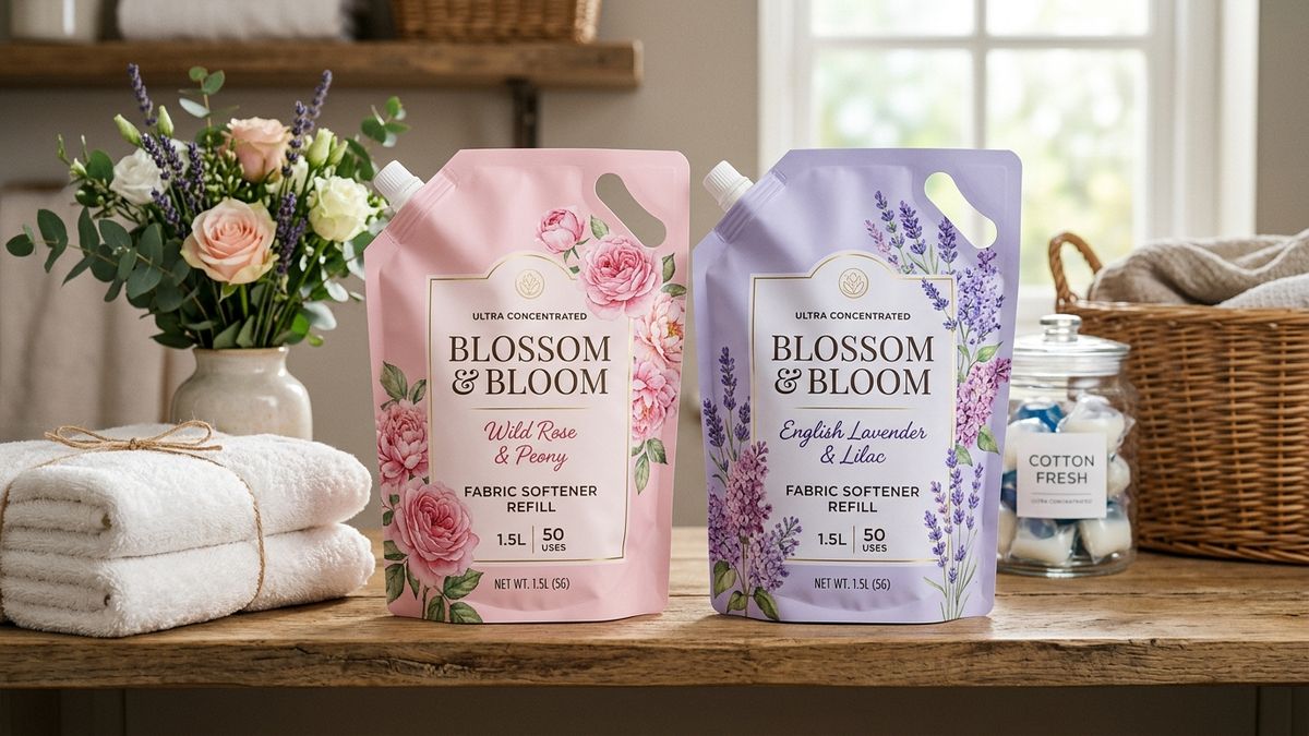 Túi refill nước xả vải cao cấp đáy đứng có vòi rót và quai xách hương hoa hồng và oải hương